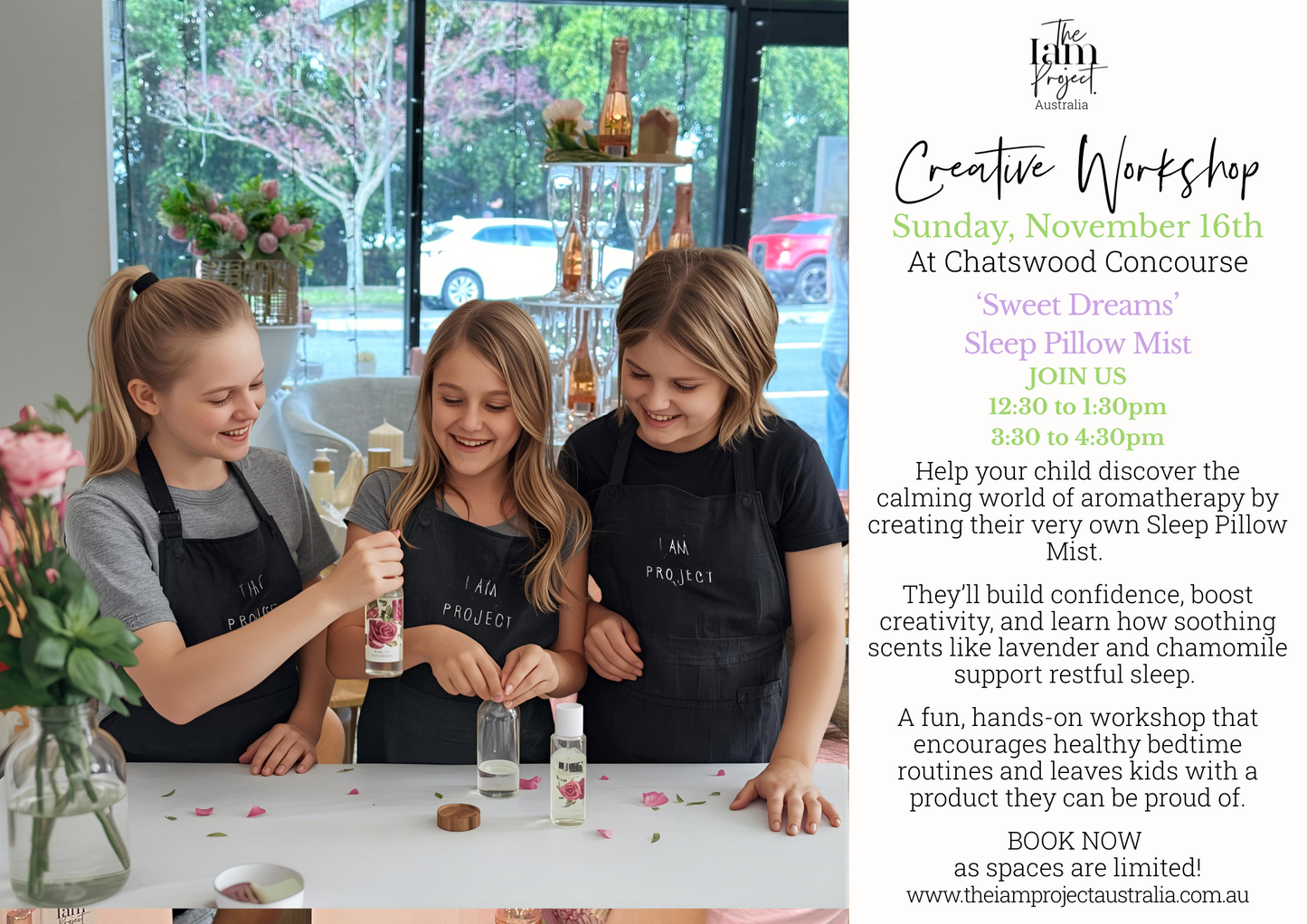 Children blending lavender essential oils to create natural pillow mists at The I Am Project Australia workshop in Sydney. Tween girls making personalised lavender pillow sprays with plant-based floral waters and affirmations.