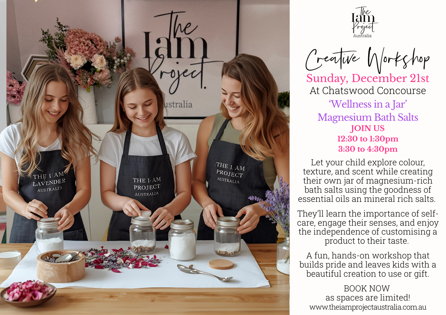 Hands-on wellness workshop teaching kids hand tweens ow to make relaxing magnesium bath salts for home self-care.