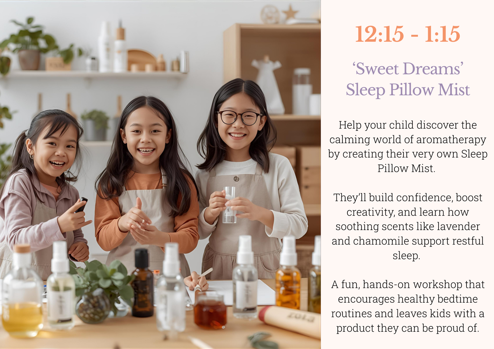 Children participating in a sleep pillow mist workshop with essential oils and tools.