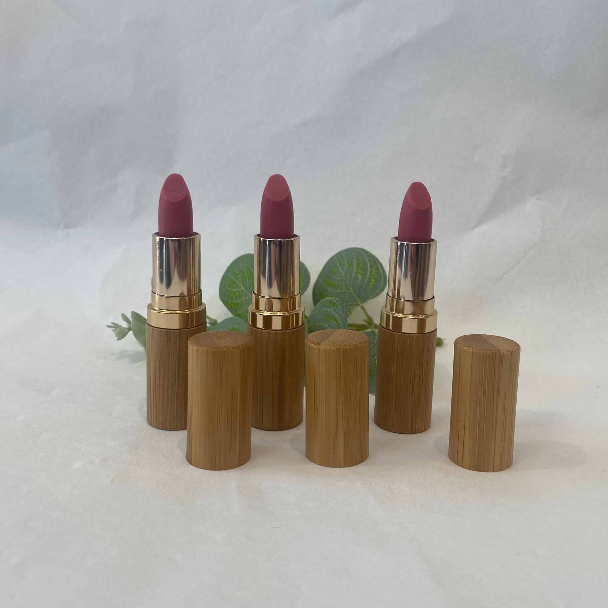 Set of four lipsticks with wooden casings on a white background