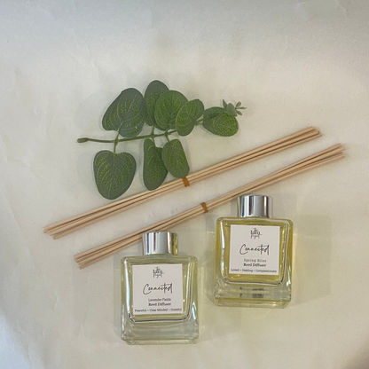 Two bottles of 'Connected' diffuser with reeds and leaves on a textured surface.