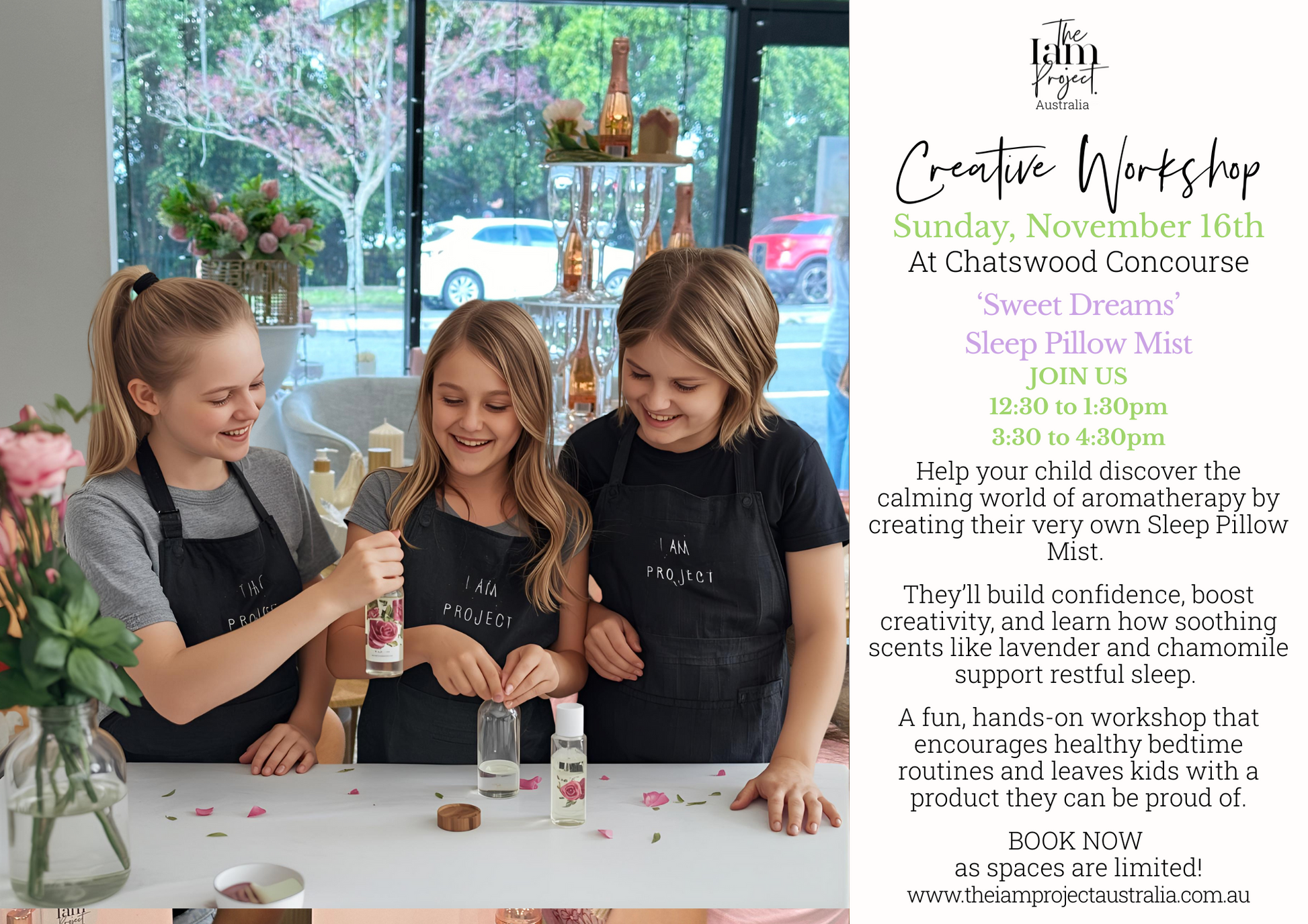 Children blending lavender essential oils to create natural pillow mists at The I Am Project Australia workshop in Sydney.  Tween girls making personalised lavender pillow sprays with plant-based floral waters and affirmations.