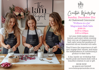 Hands-on wellness workshop teaching kids hand tweens ow to make relaxing magnesium bath salts for home self-care.